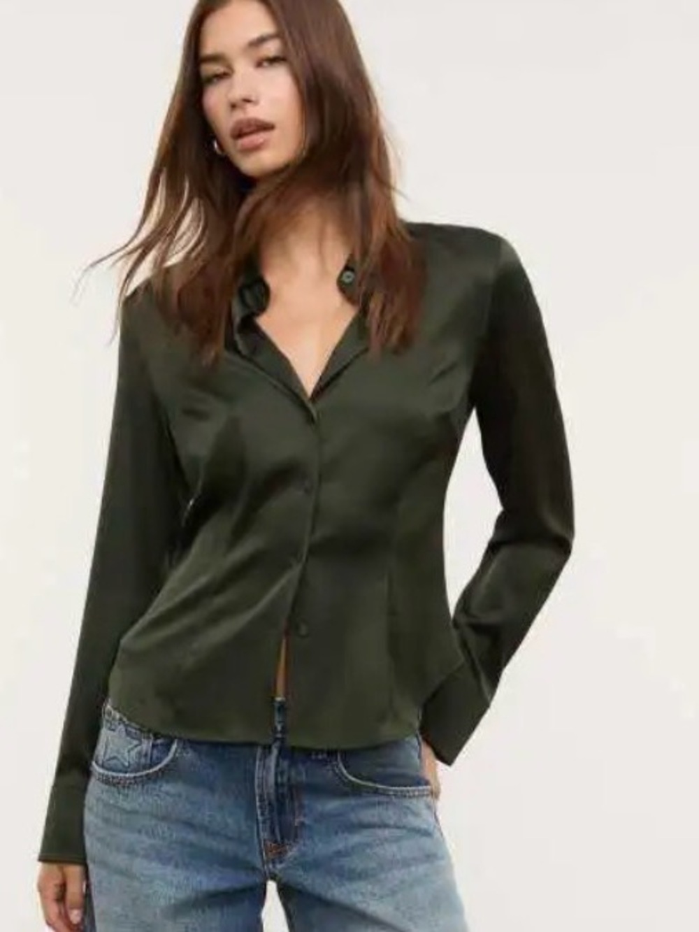 NWT Stradivarius Fitted Satin Shirt Bottle Green XS